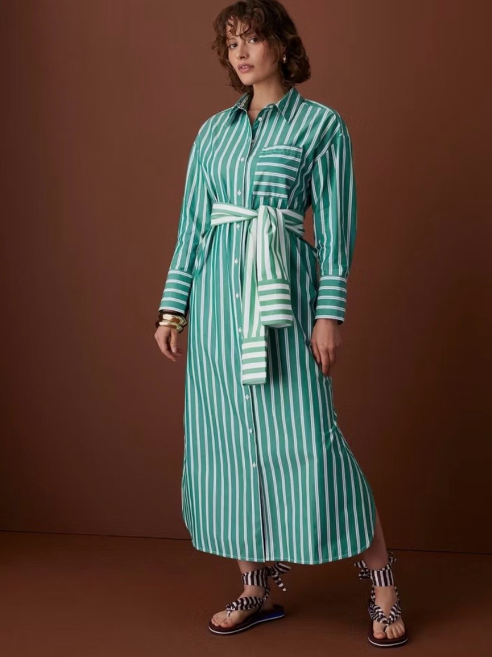 Rosie Assoulin Women's Long Sleeve Tie-Waist Striped Poplin Maxi Shirt Dress M